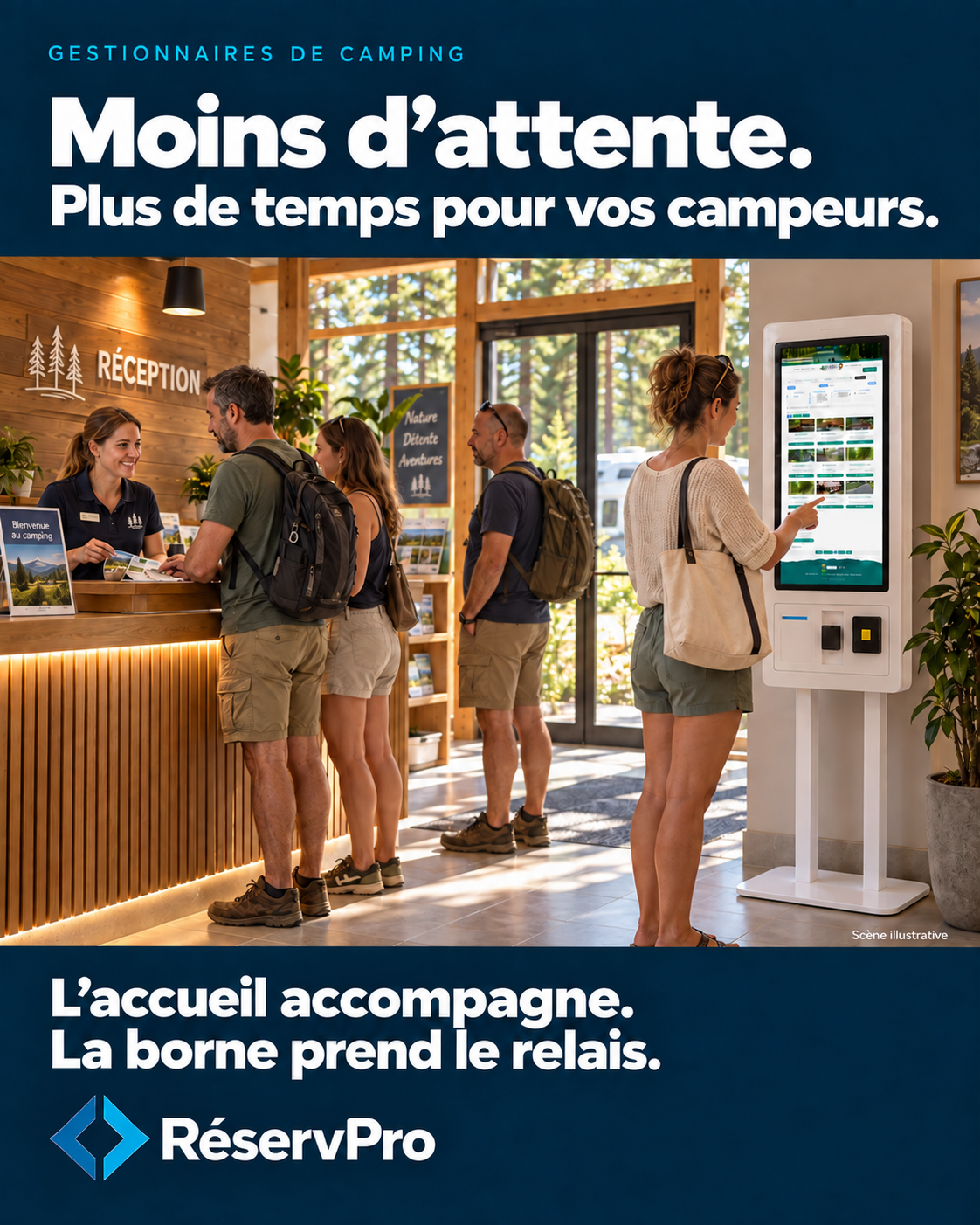 Less waiting. More time for your campers. Reception assists guests and the kiosk takes over — illustrative scene.