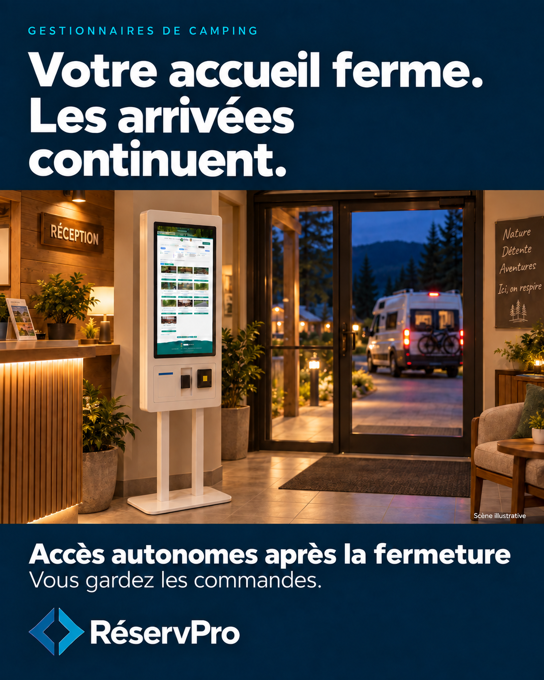 Reception closes. Arrivals continue. Self-service access after hours keeps you in control — illustrative scene.
