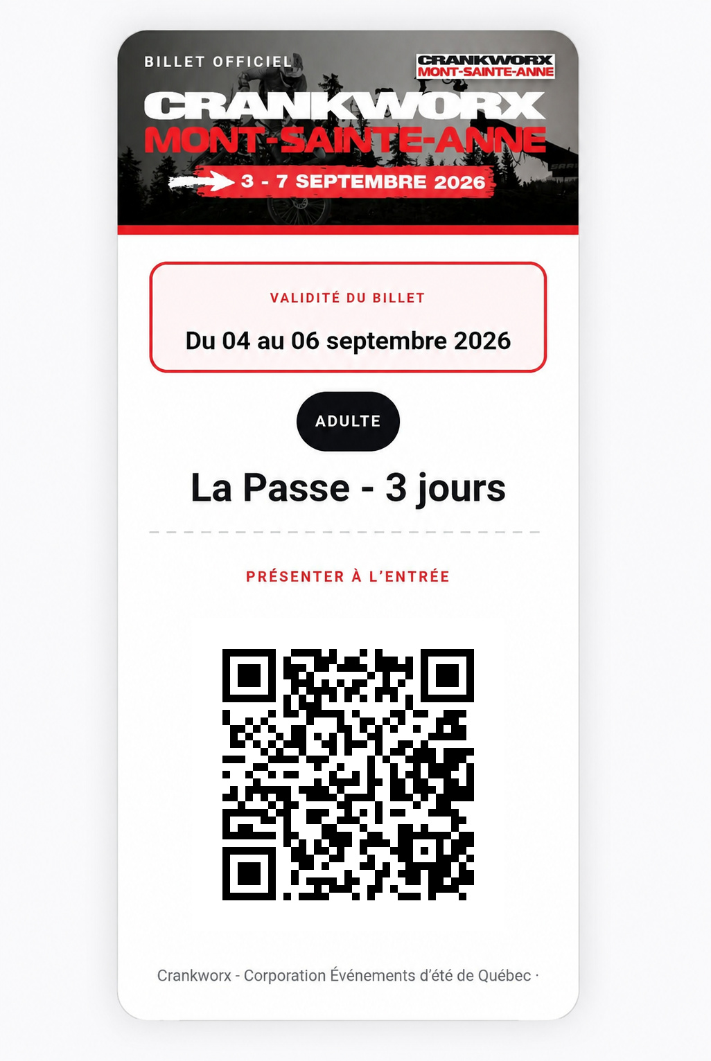 Sample Crankworx ticket — QR links to RéservPro's Events page