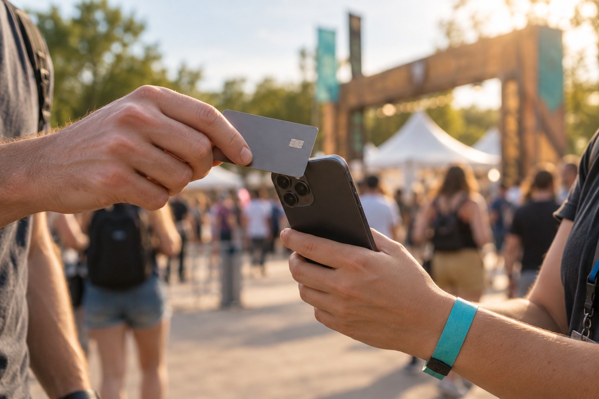 A visitor holds a card near a staff member's phone to make a contactless payment at a festival.